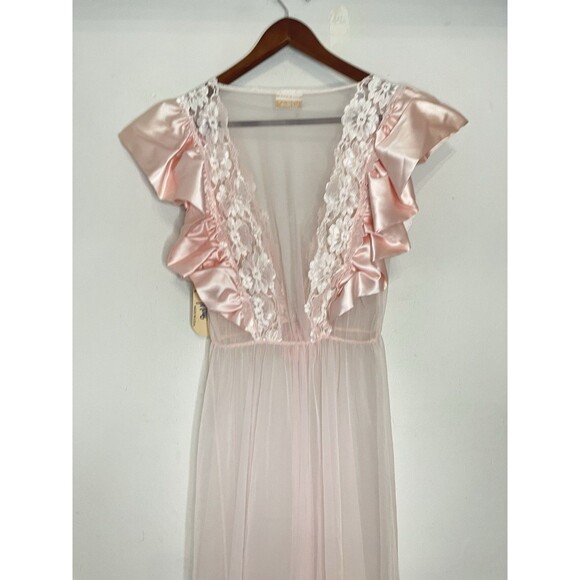 Val Mode Women's Lingerie Vintage Baby Pink Chiffon Satin Maxi Dress Ruffles - Picture 6 of 7